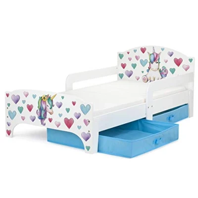 Imagen de leomark Smart Cama Infantil de Madera Unicornio Marco Cama, Colchón y Cajón, robustro Cómodo Dormitorio Impresa, Muebles para Niños, Espacio Dormir: 140/70