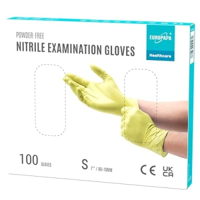 Imagen de EUROPAPA® 100 guantes de nitrilo desechables, desechables nitrilo, sin polvo, látex, no estériles, látex (S, amarillo)