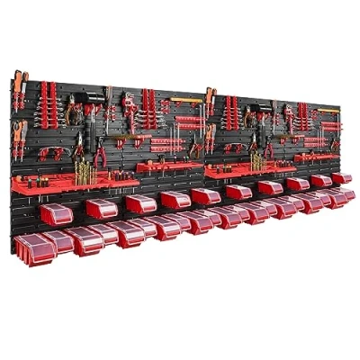 Imagen de botle Estantería de pared con sistema almacenamiento herramientas 230 x 80 cm, portaherramientas plástico, 30 cajas apilables, tapas, visibles para taller