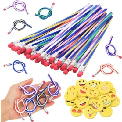 Imagen de VEUWOLM 48 Piezas Lápices Flexibles y Goma de Borrar Kit, 24 Lápiz Curvador &amp; Smiley Emoticon Gomas,Lápices Mágicos para niños,Lápices Colegios, Fiestas, Premios, Regalos Navid