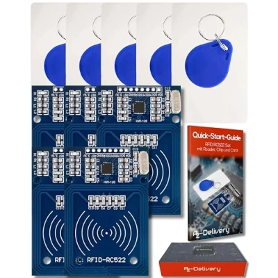 Imagen de AZDelivery 5 x RFID Kit RC522 13,56MHz con Lector, Chip y Tarjeta Compatible Arduino Raspberry Pi E Book Incluido!
