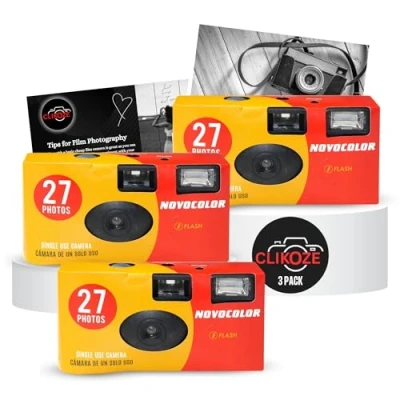 Imagen de Paquete de cámara desechable con cámaras película Novocolor APM401004 un solo uso 27 exposiciones x3 y tarjeta puntas fotografía desechables Clikoze