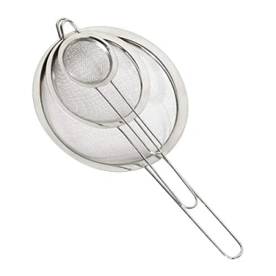 Imagen de Relaxdays, Acero inox Set de tres coladores, ∅ 7, 12 &amp; 18 cm, Con mango, Tamiz para harina, inoxidable