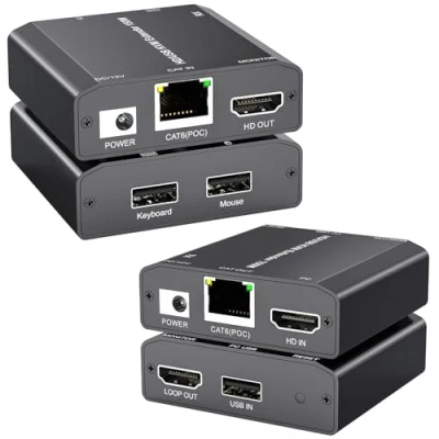 Imagen de YOUTINGHDAV HDMI USB KVM Extender, Lossless Latency Extender over IP Ethernet up to 150M via CAT6 / CAT5e,Plug and Play,Support 1080P@60Hz, Loop Out, POE, Mouse Keyboard Remote Control PC