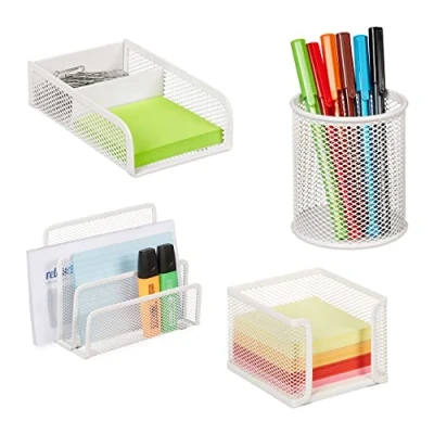 Imagen de Relaxdays Organizador Escritorio 4 Piezas Rejilla Metálica, Soporte Cartas, Caja Pósits y Clips, Portalápices, Blanco, Acero, 13.5 x 17.5 8 cm