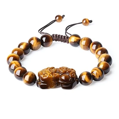 Imagen de COAI Pulsera para Hombre con Cuentas de Ojo Tigre Piedra Natural Gema Preciosa y Amuleto Pixiu 10mm