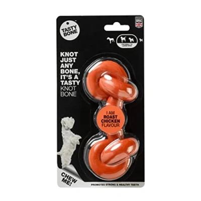 Imagen de Tasty Bone Juguete masticable de Nailon Anudado para Perros pequeños, medianos y Grandes (Pollo asado) Indestructible masticadores agresivos, Sabor Eterno, Dientes Fuertes saludables,