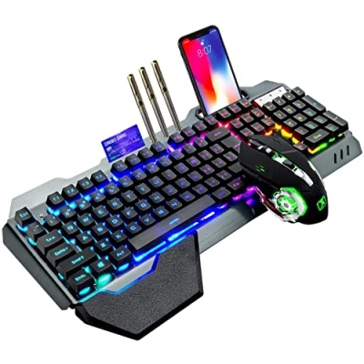 Imagen de Teclado inalámbrico para juegos con sensación mecánica retroiluminación RGB batería recargable de 5000mAh reposamuñecas desmontable+ratón LED 7 colores ordenador escritorio o jugador