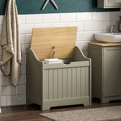 Imagen de Bath Vida Priano Armario de Almacenamiento para Cuarto baño, Cesta Madera, Color Gris y Roble, ingeniería, Grey &amp; Oak Bathroom Laundry Cabinet