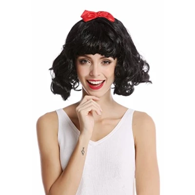 Imagen de WIG ME UP 90866 ZA103 Peluca Mujer Carnaval Halloween Bob Corto Negro Flequillo Salvaje &amp; cuca Ondulado Lazo Rojo