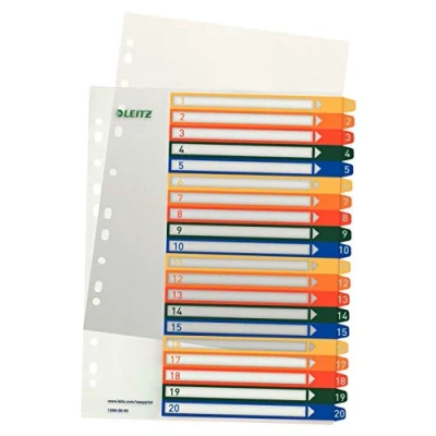 Imagen de Leitz Índice 1 20, Imprimible con Ordenador, A4, Plástico Rígido, Extra Ancho, Blanco/Multicolor, 12960000