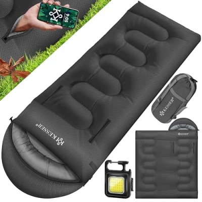 Imagen de KESSER® Saco de Dormir Manta Camping Ligero, Portátil, Cálido y Repelente al Agua, Incluye Lámpara Bolsillo Lateral, 220 x 83 cm Antracita