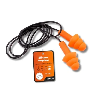 Imagen de Mivos 200 pares de tapones para los oídos reutilizables en una pantalla, impermeables y suaves silicona con cordón, reducción ruido 32 dB protección auditiva óptima