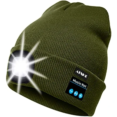 Imagen de ATNKE LED Luminoso Bluetooth Gorro Sombrero, USB Recargable 4 Inalámbrico Musical Gorras Correr Super Brillante Impermeable Luz Invierno Cálido Regalos para Hombre y Mujer/Armygreen