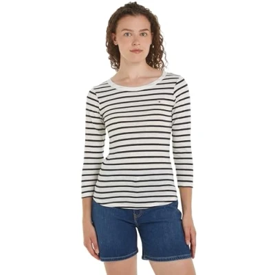 Imagen de Tommy Hilfiger Camiseta de Manga Larga para Mujer 1985 Slim Slub Basic, Multicolor (Breton Ecru/Desert Sky), S