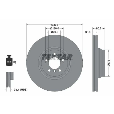 Imagen de TEXTAR PRO 92123003 Disco de freno 374 36 05/06 120 ventilación interna revestido sin perno sujeción rueda, buje rueda BMW: 7