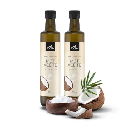 Imagen de FOODIN aceite MCT 1000 ml (2 x 500 ml) de 100% coco, triglicéridos cadena múltiple (MCT) Oil, hecho coco producido, libre gluten y vegano, ideal para nutrición cetogénica