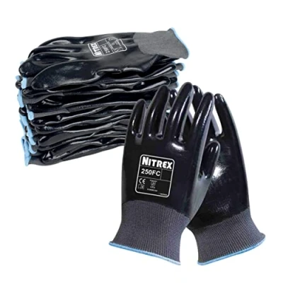 Imagen de NITREX 250FC guantes de trabajo y seguridad, bolsa 10 pares, talla 10, manejo general con revestimiento nitrilo completo, gris/negro