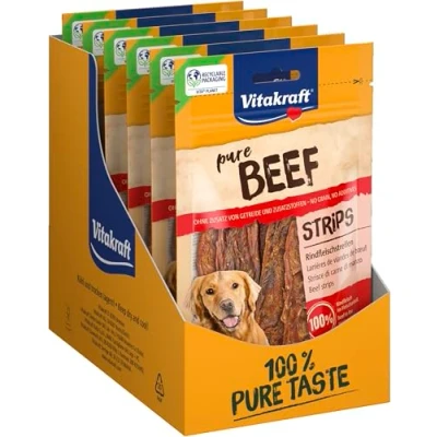 Imagen de Vitakraft Snacks de Carne, Tiras Carne Vacuno, sin Cereales, con en Bolsa resellable, azúcar añadido (10 x 80 g)