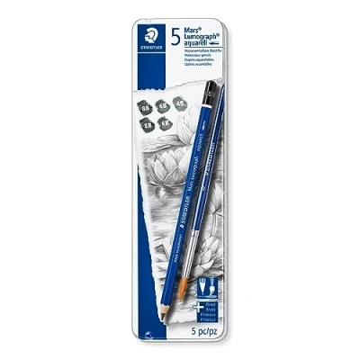 Imagen de STAEDTLER Mars Lumograph 100A G6. Pack de 5 lápices acuarelables distinta dureza, con pincel incluido.