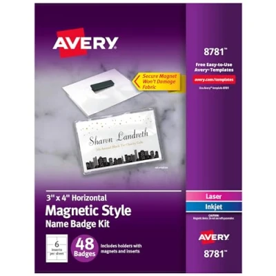 Imagen de AVERY insignias magnéticas seguras con nombre, soportes de plástico duraderos, imanes resistentes, 3 x 4, 48 (8780), número modelo: 8781