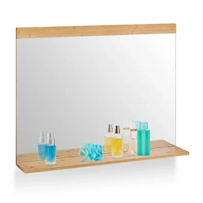 Imagen de Relaxdays Estante Espejo para Pared con Balda y Marco de Bambú, 5 x 90 cm, Colgante, Baño, Dormitorio Guardarropa, Natural, 68,5 16,5 cm Aprox