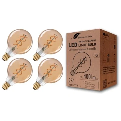 Imagen de greenandco 4x Bombilla de filamento LED Vintage E27 G95 5W (corresponde a 35W) 400lm 2000K (blanco cálido) 360 230V vidrio, sin parpadeo, no regulable
