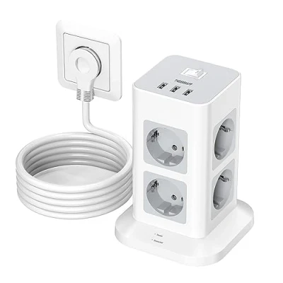Imagen de TESSAN Ladron Enchufes Plano, Multiples de 8 Tomas con 3 USB, Regletas Proteccion Sobretension, Alargador 2 Metros, Vertical Interruptor para el Hogar, 3600W