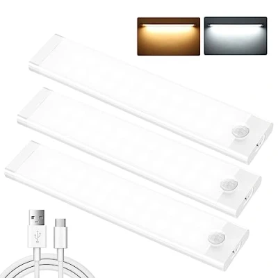 Imagen de shirylzee Luz LED Armario con Sensor de Movimiento 44 LEDs 3 Modos Adhesiva USB Recargable 2000mAh Nocturna para Gabinete, Cocina, Escalera, Pasillo, Garaje Piezas