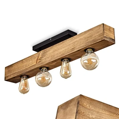 Imagen de lámpara de techo Berat, alargada metal/madera en negro/marrón oscuro, luz moderna con haz madera, 4 x E27, sin bombilla(s)