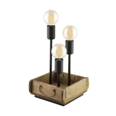 Imagen de Eglo lámpara de mesa Wootton, iluminación 3 luces vintage, luz cabecera madera en marrón y metal negro, con interruptor, casquillo E27