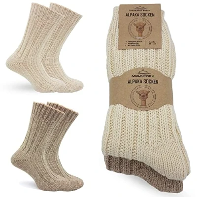 Imagen de MOUNTREX® calcetines de alpaca, lana para hombre y mujer, invierno, térmicos, gruesos, 2 pares, crudo/beige, 35 38
