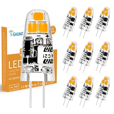 Imagen de I SHUNFA Pack de 10 bombillas LED g4 1,2 W blanco cálido 3000 K 12 V bombilla repuesto 15 halógenas para dormitorio, cocina, comedor, oficina