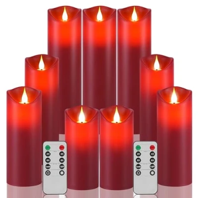 Imagen de Da by Velas LED vela sin llama parpadeante falsa eléctrica con Control remoto, temporizador de batería impermeable al aire libre, 9 paquetes rojos
