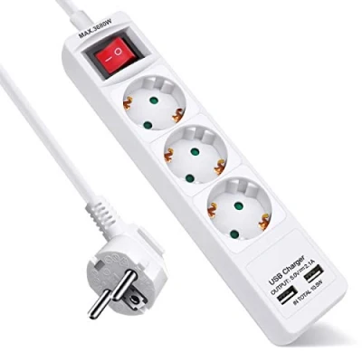 Imagen de EXTRASTAR Regleta Enchufe con 3 Tomas y 2 Puertos de USB, Alargador Interruptor, 1.5 m, para El Hogar, La Oficina Los Viajes, 3680W, Blanco, 1pc