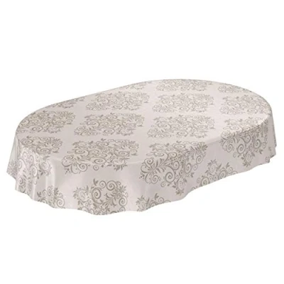 Imagen de ANRO Mantel de Hule, Encerado Lavable, diseño Barroco, Color Beis, Ovalado, 140 x 180 cm