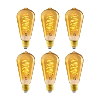 Imagen de Amazon Basics Bombilla LED E27 vintage, cristal ámbar retro, ST64, 4 W (equivalente a 25 W), paquete de 6, luz ultracálida 1800 K para decoración