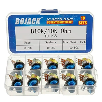 Imagen de BOJACK 10 juegos B10K 3 terminales Potenciómetros rotativo cónico lineal (WH148) 10K Ohm Resistencia variables de película carbono con kit perillas plástico azul