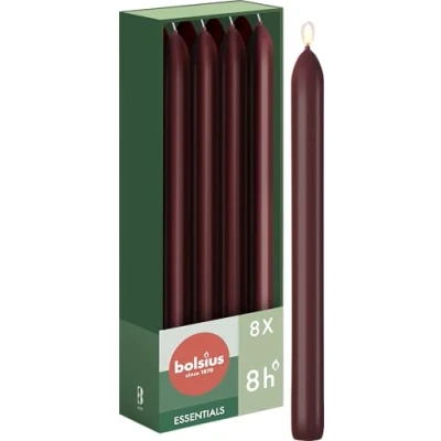 Imagen de Bolsius Velas cónicas Rojo Oscuro 8 unidades 23 cm Larga duración de combustión horas sin perfume Incluye cera natural vegana aceite palma