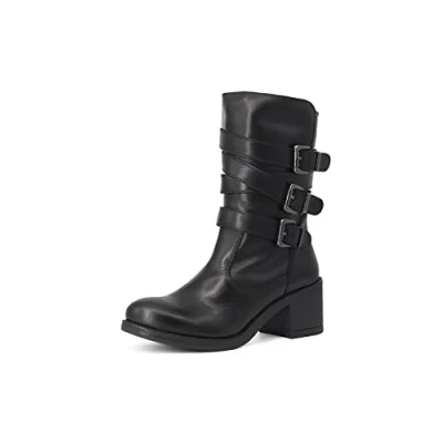 Imagen de QUEEN HELENA Botas Moteras de Piel Tacón Bajos con Hebilla para Mujer S259 Negro, 36 EU