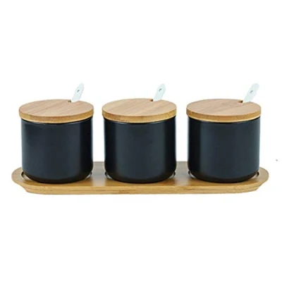 Imagen de OnePine Juego de 3 Azucarero, azucarero cerámica azúcar pot con tapa y cuchara, Forma cilíndrica, Cocina