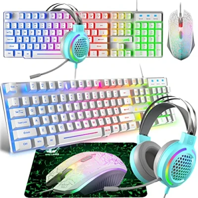 Imagen de Teclado Cascos y Ratón Gaming, USB Blanco Retroiluminación del Arco Iris LED Teclado, Auriculares RGB de 7.1 Canales, 4 Botones 2400 dpi Alfombrilla para PS4 Xbox(Necesita Adaptador)