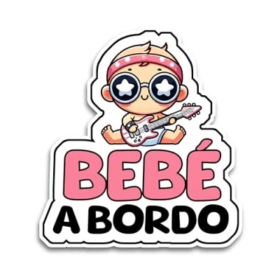 Imagen de Pegatina Bebe a Bordo Coche, Bebé Guitarrista Bordo, Pegatinas Coche 16 x 14 cm, de Resistente UV e Impermeable, Sticker
