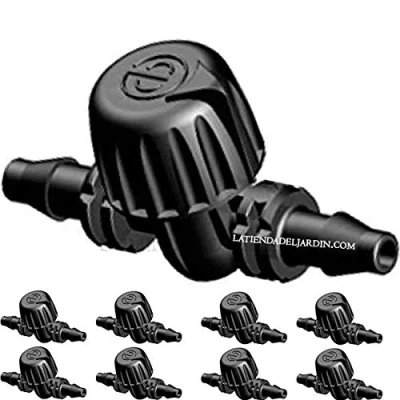 Imagen de 50 x VALVULA microtubo 4,5mm. Llave de paso goteo para unir 3 5 mm o 4mm. Color negro. Accesorio utilizado en riego por goteo.