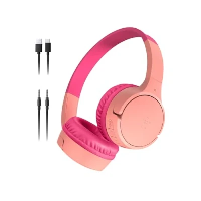 Imagen de Belkin SoundForm Mini Auriculares inalámbricos para niños con micrófono, on Ear, 30 Horas de autonomía y Adhesivos, Cascos supraaurales enseñanza en línea Viajar, iPhone, iPad o Galaxy, Rosa