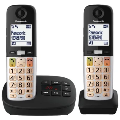 Imagen de Panasonic KX TGU432EXB Teléfono Inalámbrico Digital con Contestador Automático, Volumen Amplificado, Unidad Base y 2 Auriculares, Pantalla LCD, Linterna, Compatible Audífonos, Negro Plateado
