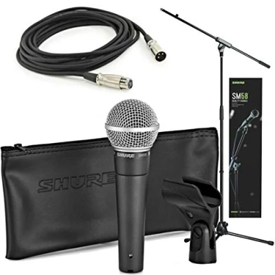 Imagen de Shure SM58 Quality Bundle with Cardioid Dynamic Vocal Microphone, 15&#039; XLR Cable, Mic Stand, A25D Clip and Storage Bag, Perfect for Onstage or Studio (SM58 KM SOM)
