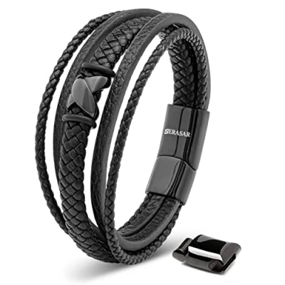 Imagen de SERASAR Pulsera Hombre 20cm Negro de Cuero Pulseras Hombres Brazalete Brazaletes Pulso Muñequera Bisuteria Bisutería Joyeria Nudos Cuerda Cuerdas Bracelet Men Jewellery Ancha