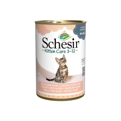 Imagen de Schesir, Comida húmeda para Gatitos, Sabor bacoreta con áloe en gelatina Blanda Total 3,36 kg (24 latas x 140 gr)