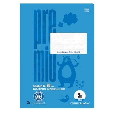 Imagen de Staufen Cuaderno de ejercicios Premio, 4 cuadernos, 16 hojas cada uno, DIN A4, regla 3R (21 líneas dobles con márgenes), papel reciclado 90 g/m², esquinas redondas para evitar orejas burro